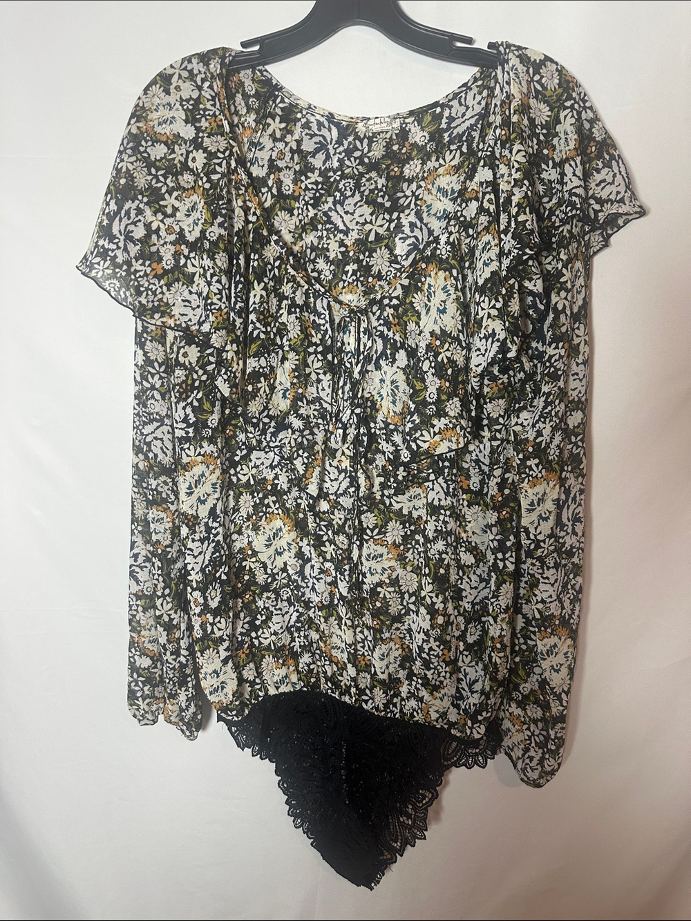 Free People say it to me long sleeve bodysuit Black Floral Ruffle Sleeve